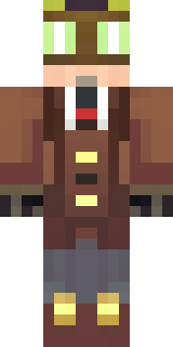 a steampunk inventor in a brown leather coat and brass goggles
