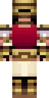 a gladiator in bronze arm guards and a red-plumed helmet