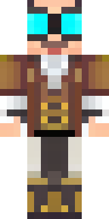 a steampunk inventor in a brown leather coat and brass goggles