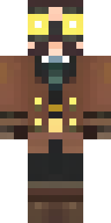 a steampunk inventor in a brown leather coat and brass goggles