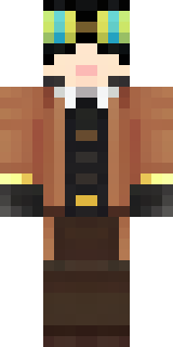 a steampunk inventor in a brown leather coat and brass goggles