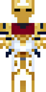 a royal paladin in gold-trimmed white armor with a red cape