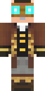 a steampunk inventor in a brown leather coat and brass goggles