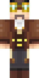 a steampunk inventor in a brown leather coat and brass goggles