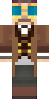 a steampunk inventor in a brown leather coat and brass goggles