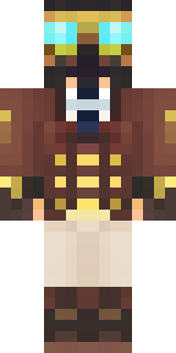 a steampunk inventor in a brown leather coat and brass goggles