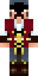 a pirate captain in a long red coat and tricorn hat