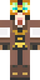 a steampunk inventor in a brown leather coat and brass goggles