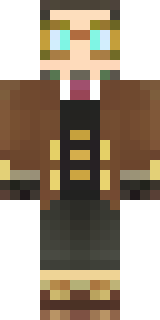 a steampunk inventor in a brown leather coat and brass goggles