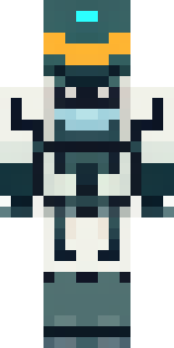 a mecha pilot in a white flight suit with a segmented helmet