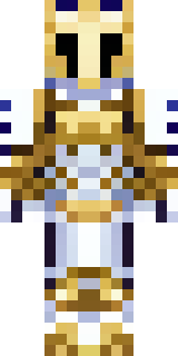 a royal paladin in gold-trimmed white armor with a red cape