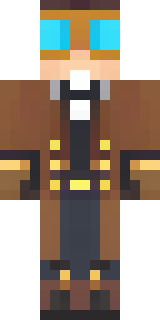 a steampunk inventor in a brown leather coat and brass goggles