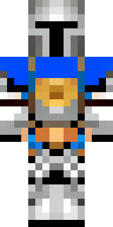 a knight in polished silver plate armor with a blue tabard