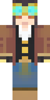 a steampunk inventor in a brown leather coat and brass goggles