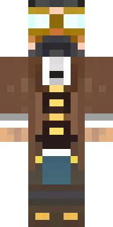 a steampunk inventor in a brown leather coat and brass goggles