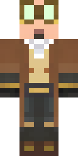 a steampunk inventor in a brown leather coat and brass goggles