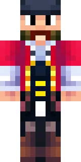 a pirate captain in a long red coat and tricorn hat