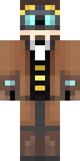 a steampunk inventor in a brown leather coat and brass goggles