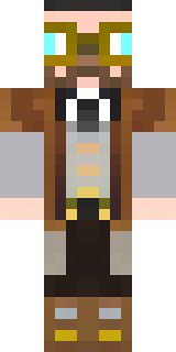 a steampunk inventor in a brown leather coat and brass goggles