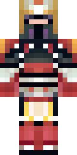 a samurai in red lacquered armor with a horned helmet