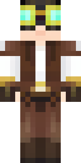 a steampunk inventor in a brown leather coat and brass goggles