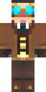a steampunk inventor in a brown leather coat and brass goggles