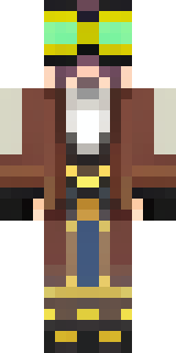 a steampunk inventor in a brown leather coat and brass goggles