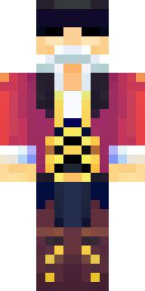 a pirate captain in a long red coat and tricorn hat