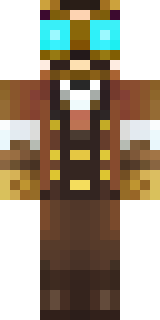 a steampunk inventor in a brown leather coat and brass goggles