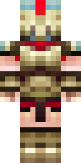 a gladiator in bronze arm guards and a red-plumed helmet