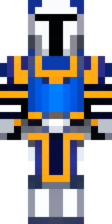 a knight in polished silver plate armor with a blue tabard