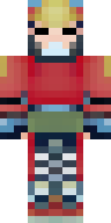 a samurai in red lacquered armor with a horned helmet