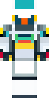 a mecha pilot in a white flight suit with a segmented helmet