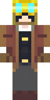 a steampunk inventor in a brown leather coat and brass goggles