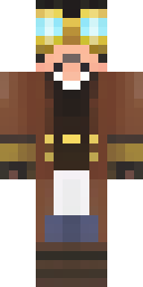 a steampunk inventor in a brown leather coat and brass goggles