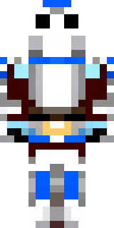 a knight in polished silver plate armor with a blue tabard