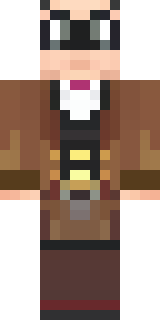 a steampunk inventor in a brown leather coat and brass goggles