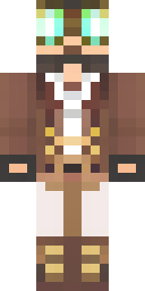 a steampunk inventor in a brown leather coat and brass goggles