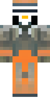 a battle-worn pilot in orange plating with scorch marks