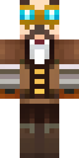 a steampunk inventor in a brown leather coat and brass goggles