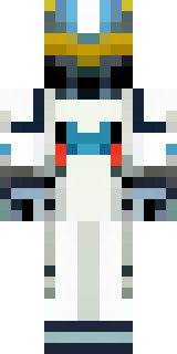 a mecha pilot in a white flight suit with a segmented helmet