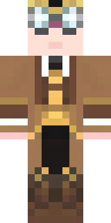 a steampunk inventor in a brown leather coat and brass goggles