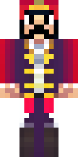 a pirate captain in a long red coat and tricorn hat