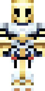 a royal paladin in gold-trimmed white armor with a red cape