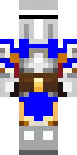 a knight in polished silver plate armor with a blue tabard