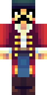 a pirate captain in a long red coat and tricorn hat